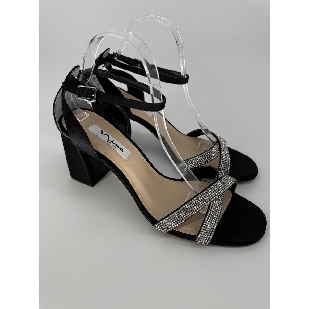 Nina Quinley-LS Sandal Women 11 Black Satin Rhinestone Block Heel